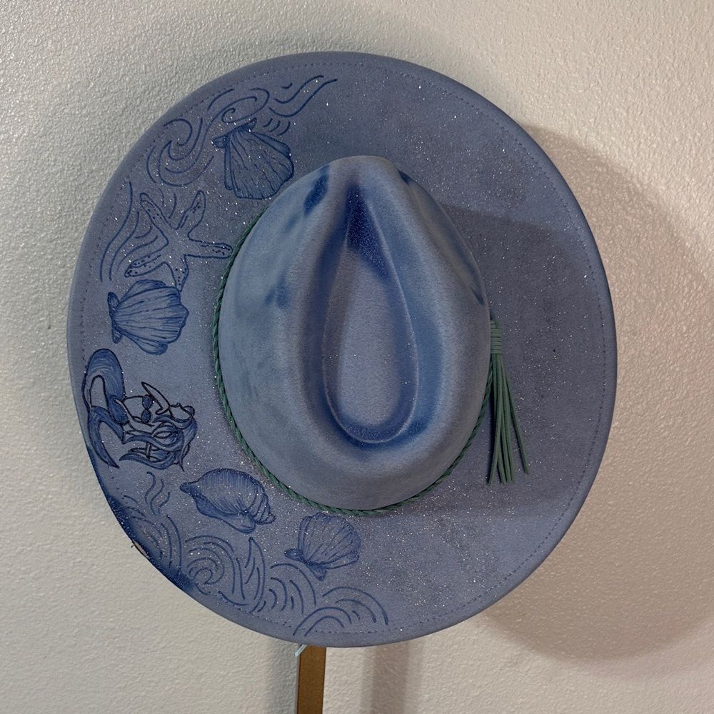 Blue vegan suede hand engraved Hat with mermaid seascape with light blue  band